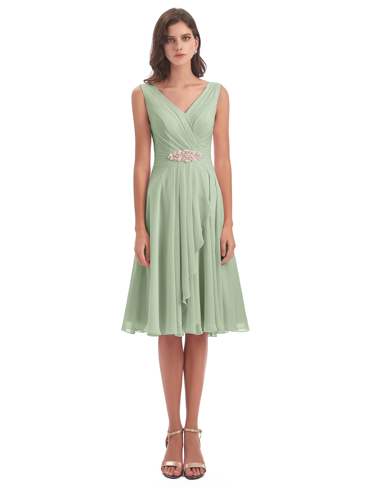 Caylee Knee Length V-neck Asymmetrical Chiffon Bridesmaid Dresses