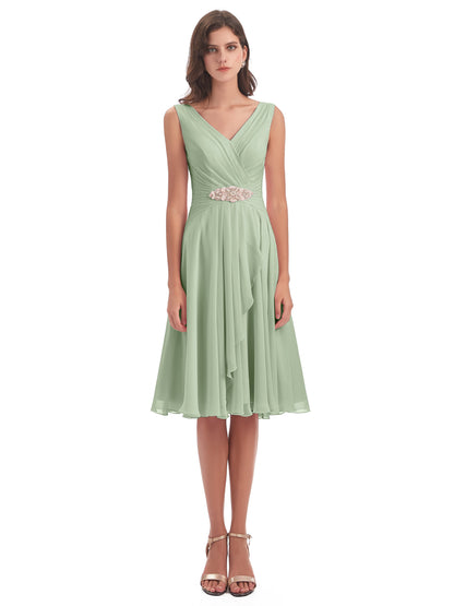 Caylee Knee Length V-neck Asymmetrical Chiffon Bridesmaid Dresses