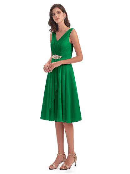 Caylee Knee Length V-neck Asymmetrical Chiffon Bridesmaid Dresses