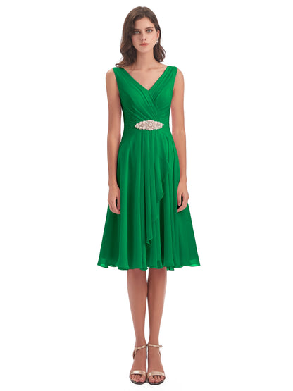 Caylee Knee Length V-neck Asymmetrical Chiffon Bridesmaid Dresses