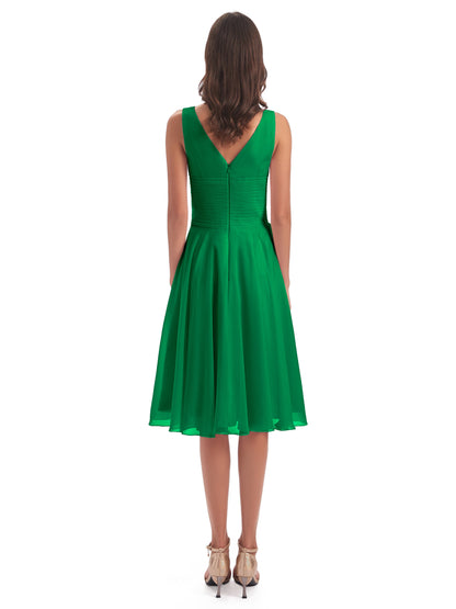 Caylee Knee Length V-neck Asymmetrical Chiffon Bridesmaid Dresses