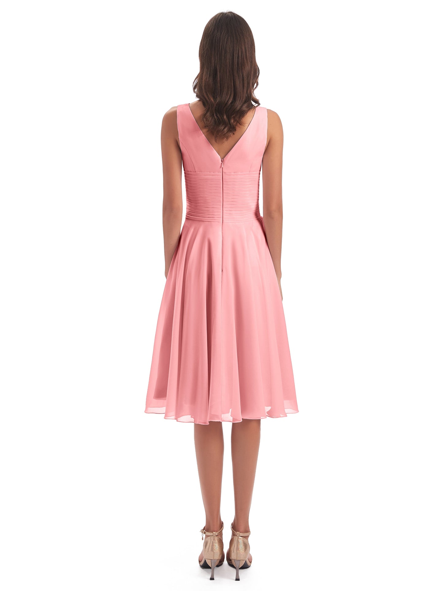 Caylee Knee Length V-neck Asymmetrical Chiffon Bridesmaid Dresses