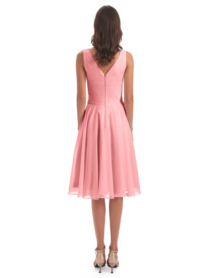 Caylee Knee Length V-neck Asymmetrical Chiffon Bridesmaid Dresses