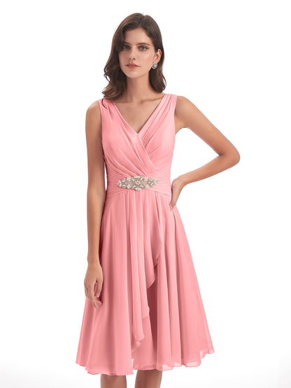 Caylee Knee Length V-neck Asymmetrical Chiffon Bridesmaid Dresses
