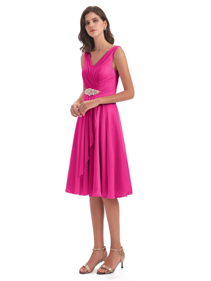 Caylee Knee Length V-neck Asymmetrical Chiffon Bridesmaid Dresses
