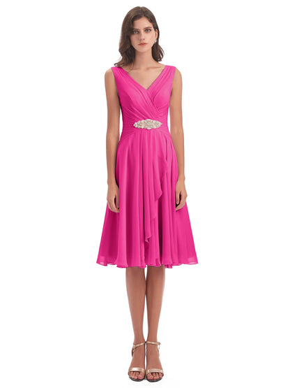 Caylee Knee Length V-neck Asymmetrical Chiffon Bridesmaid Dresses