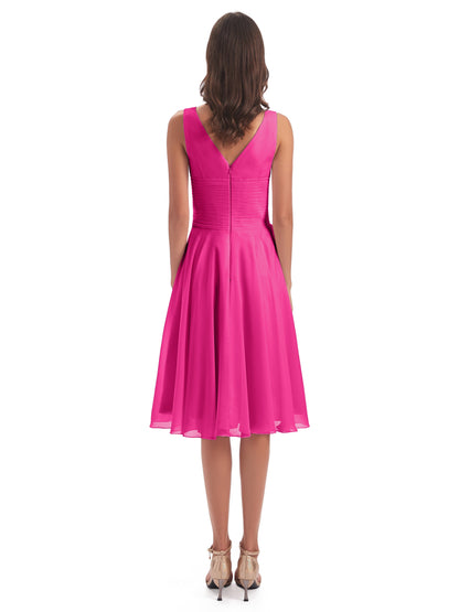 Caylee Knee Length V-neck Asymmetrical Chiffon Bridesmaid Dresses