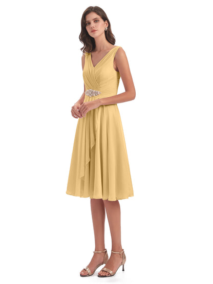 Caylee Knee Length V-neck Asymmetrical Chiffon Bridesmaid Dresses