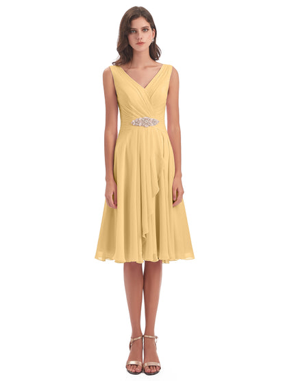 Caylee Knee Length V-neck Asymmetrical Chiffon Bridesmaid Dresses