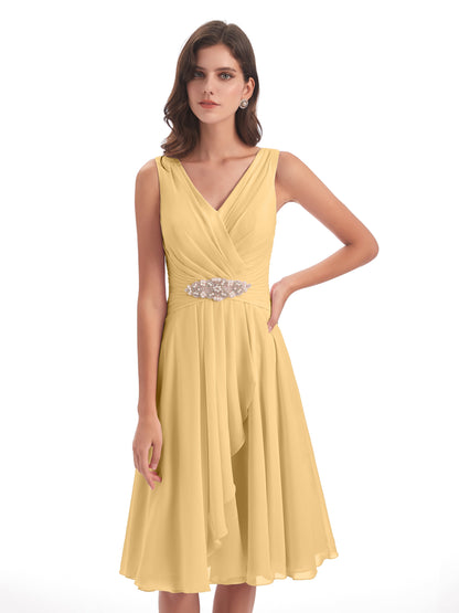 Caylee Knee Length V-neck Asymmetrical Chiffon Bridesmaid Dresses