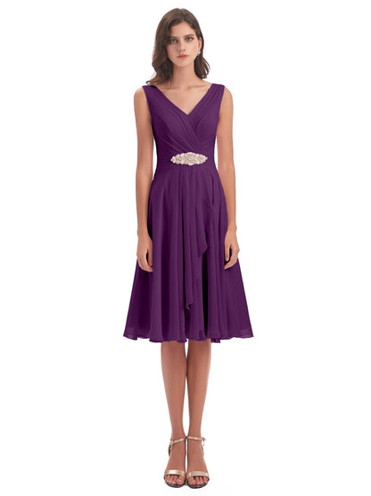 Caylee Knee Length V-neck Asymmetrical Chiffon Bridesmaid Dresses