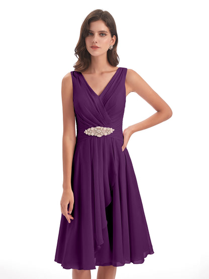 Caylee Knee Length V-neck Asymmetrical Chiffon Bridesmaid Dresses