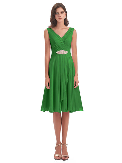Caylee Knee Length V-neck Asymmetrical Chiffon Bridesmaid Dresses