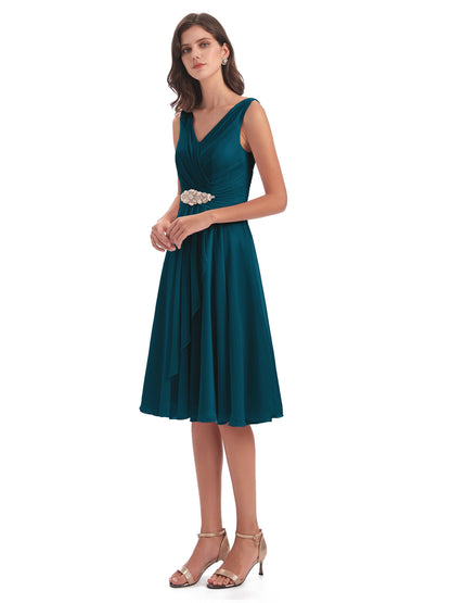 Caylee Knee Length V-neck Asymmetrical Chiffon Bridesmaid Dresses