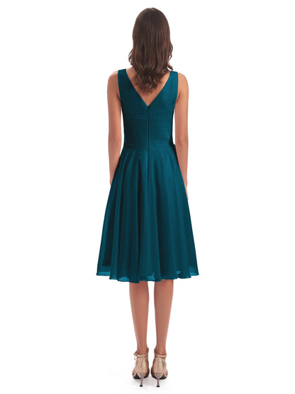 Caylee Knee Length V-neck Asymmetrical Chiffon Bridesmaid Dresses