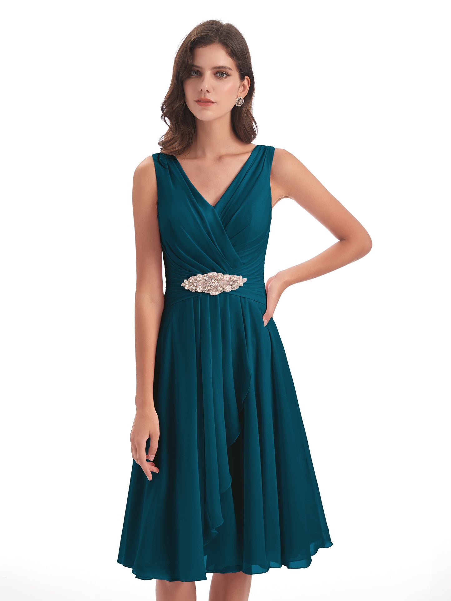 Caylee Knee Length V-neck Asymmetrical Chiffon Bridesmaid Dresses