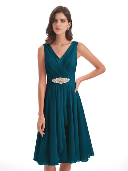 Caylee Knee Length V-neck Asymmetrical Chiffon Bridesmaid Dresses