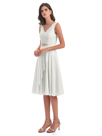 Caylee Knee Length V-neck Asymmetrical Chiffon Bridesmaid Dresses