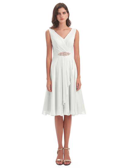 Caylee Knee Length V-neck Asymmetrical Chiffon Bridesmaid Dresses