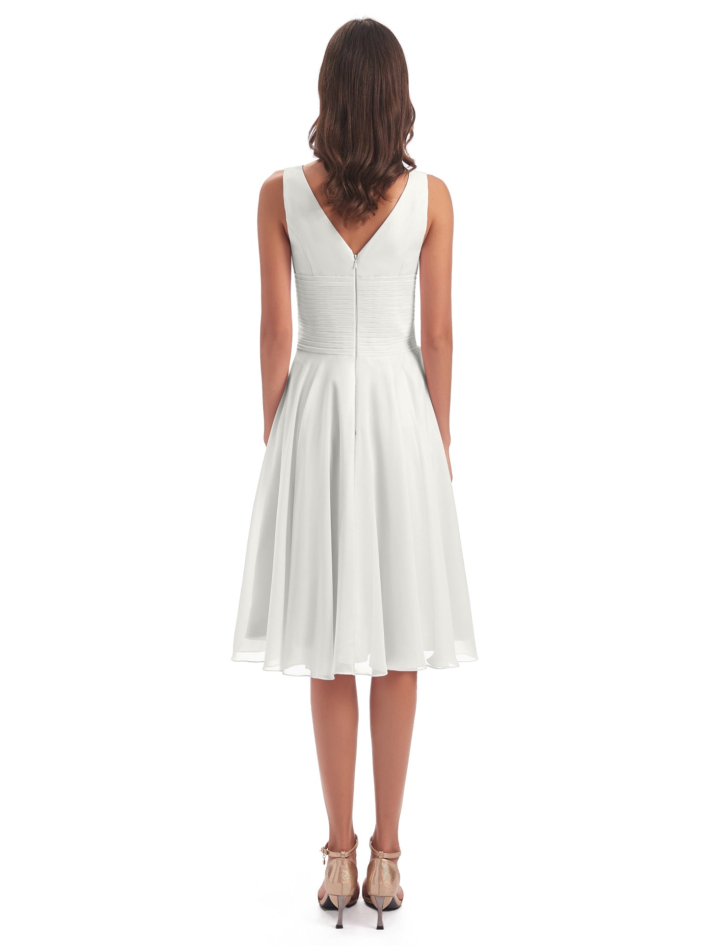 Caylee Knee Length V-neck Asymmetrical Chiffon Bridesmaid Dresses