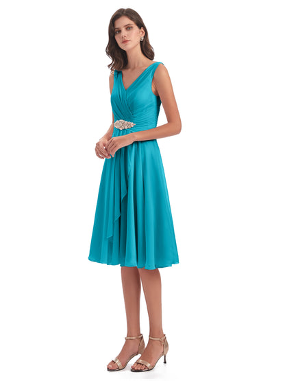 Caylee Knee Length V-neck Asymmetrical Chiffon Bridesmaid Dresses