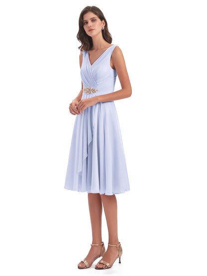 Caylee Knee Length V-neck Asymmetrical Chiffon Bridesmaid Dresses