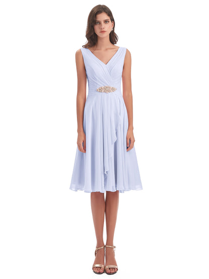 Caylee Knee Length V-neck Asymmetrical Chiffon Bridesmaid Dresses