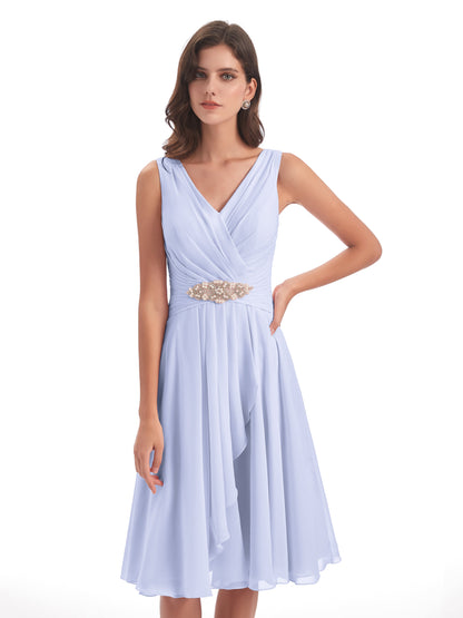 Caylee Knee Length V-neck Asymmetrical Chiffon Bridesmaid Dresses