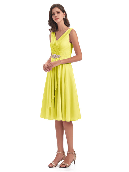Caylee Knee Length V-neck Asymmetrical Chiffon Bridesmaid Dresses