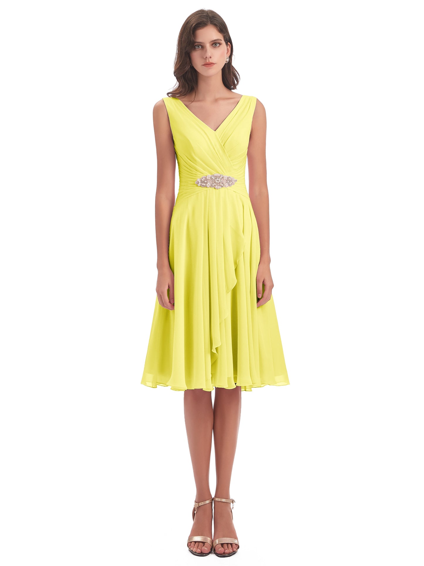Caylee Knee Length V-neck Asymmetrical Chiffon Bridesmaid Dresses