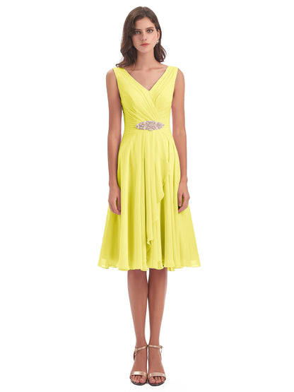 Caylee Knee Length V-neck Asymmetrical Chiffon Bridesmaid Dresses