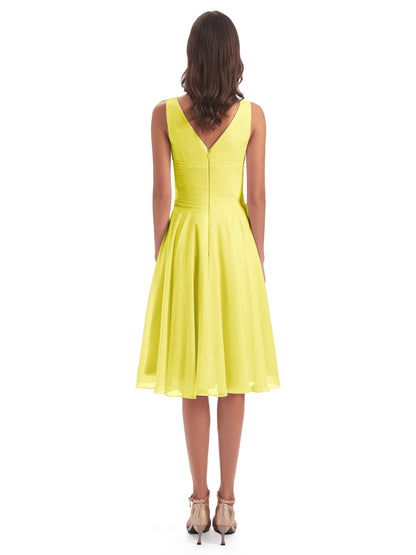 Caylee Knee Length V-neck Asymmetrical Chiffon Bridesmaid Dresses