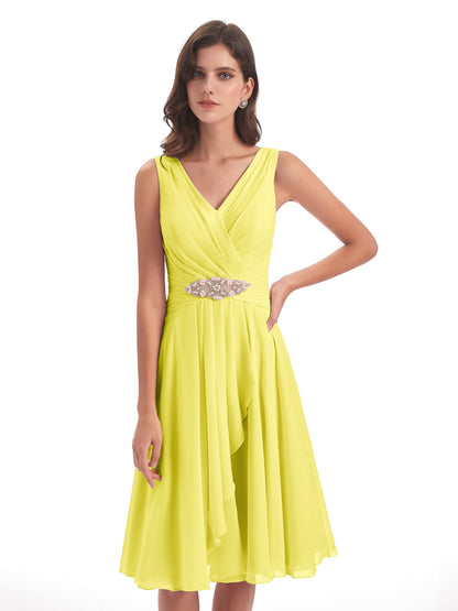 Caylee Knee Length V-neck Asymmetrical Chiffon Bridesmaid Dresses