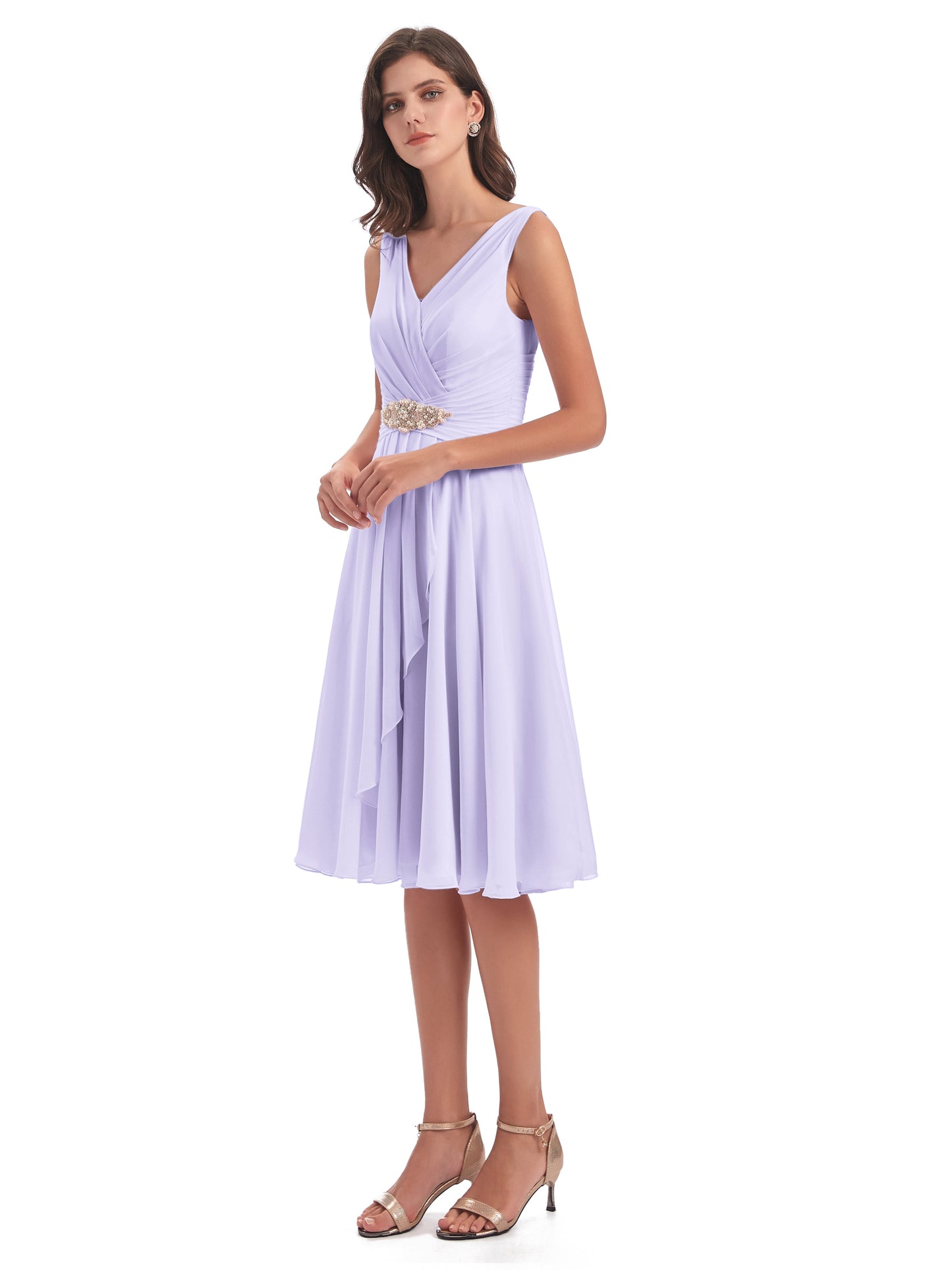 Caylee Knee Length V-neck Asymmetrical Chiffon Bridesmaid Dresses