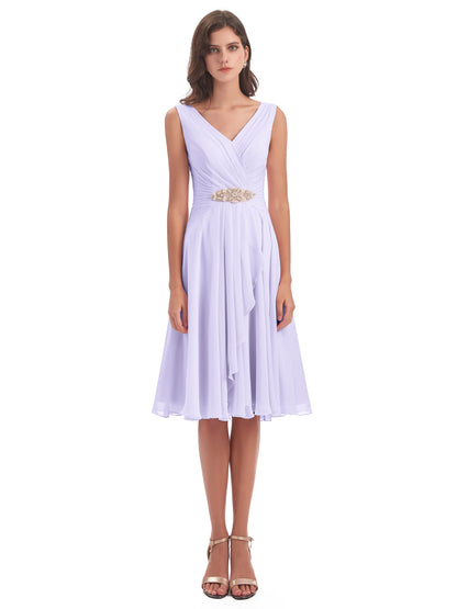 Caylee Knee Length V-neck Asymmetrical Chiffon Bridesmaid Dresses