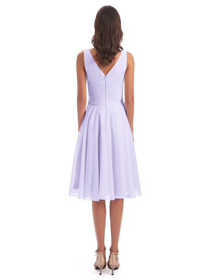 Caylee Knee Length V-neck Asymmetrical Chiffon Bridesmaid Dresses