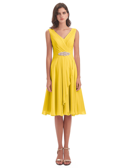 Caylee Knee Length V-neck Asymmetrical Chiffon Bridesmaid Dresses