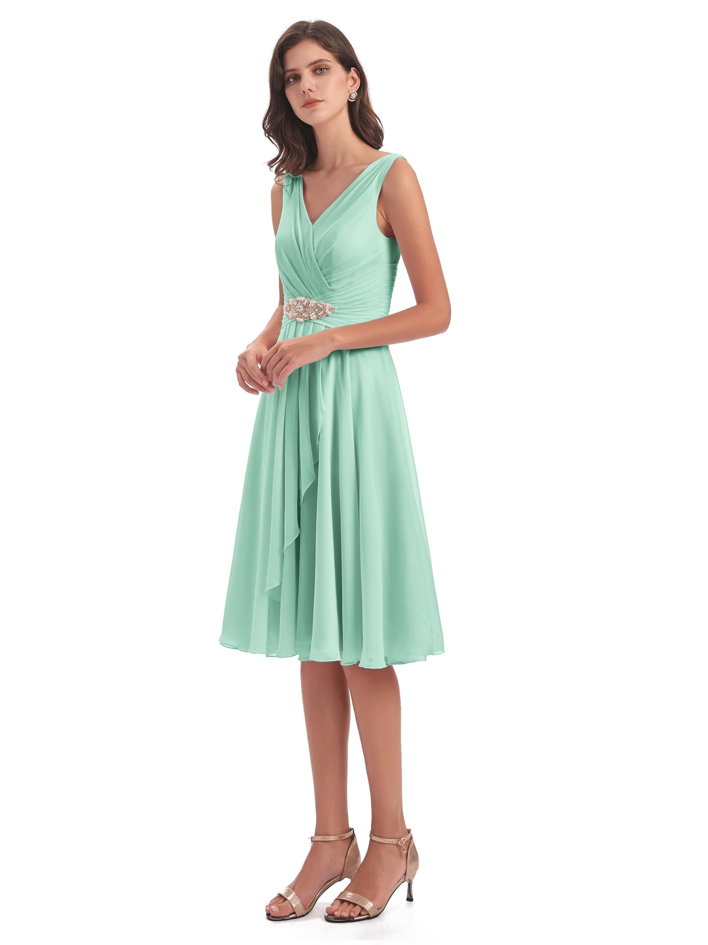 Caylee Knee Length V-neck Asymmetrical Chiffon Bridesmaid Dresses