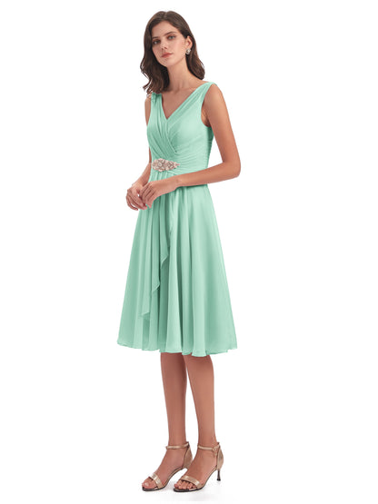 Caylee Knee Length V-neck Asymmetrical Chiffon Bridesmaid Dresses