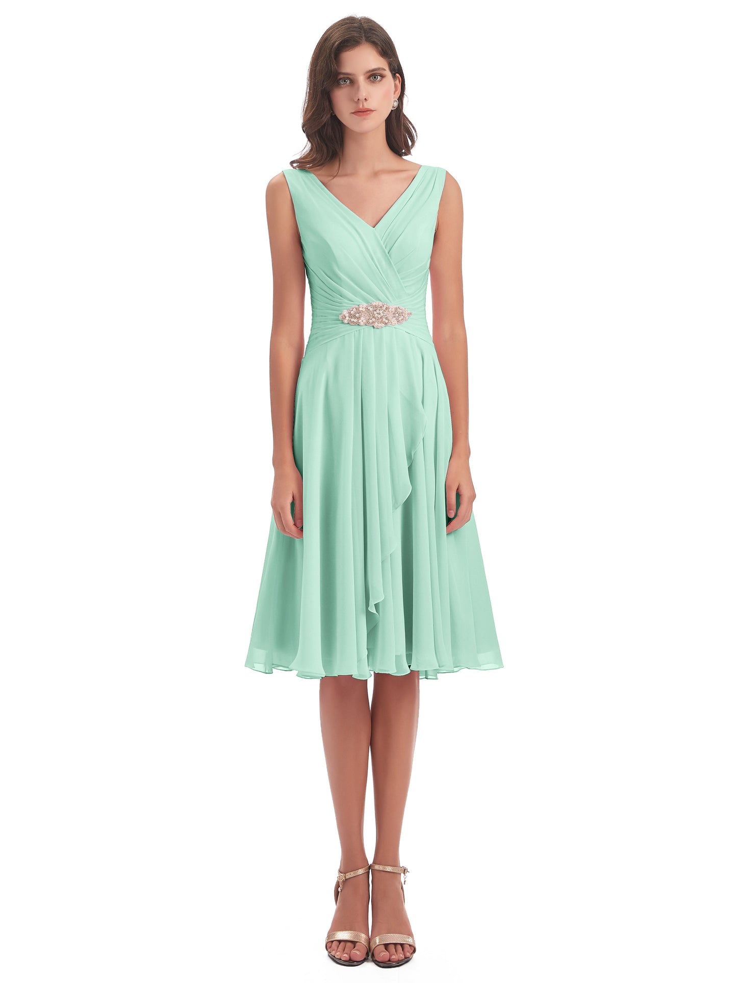 Caylee Knee Length V-neck Asymmetrical Chiffon Bridesmaid Dresses
