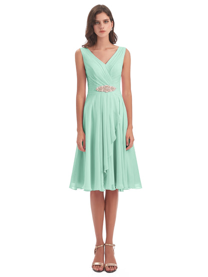 Caylee Knee Length V-neck Asymmetrical Chiffon Bridesmaid Dresses
