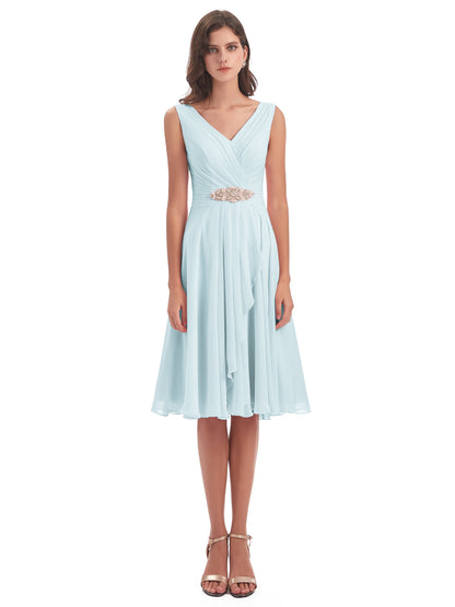 Caylee Knee Length V-neck Asymmetrical Chiffon Bridesmaid Dresses