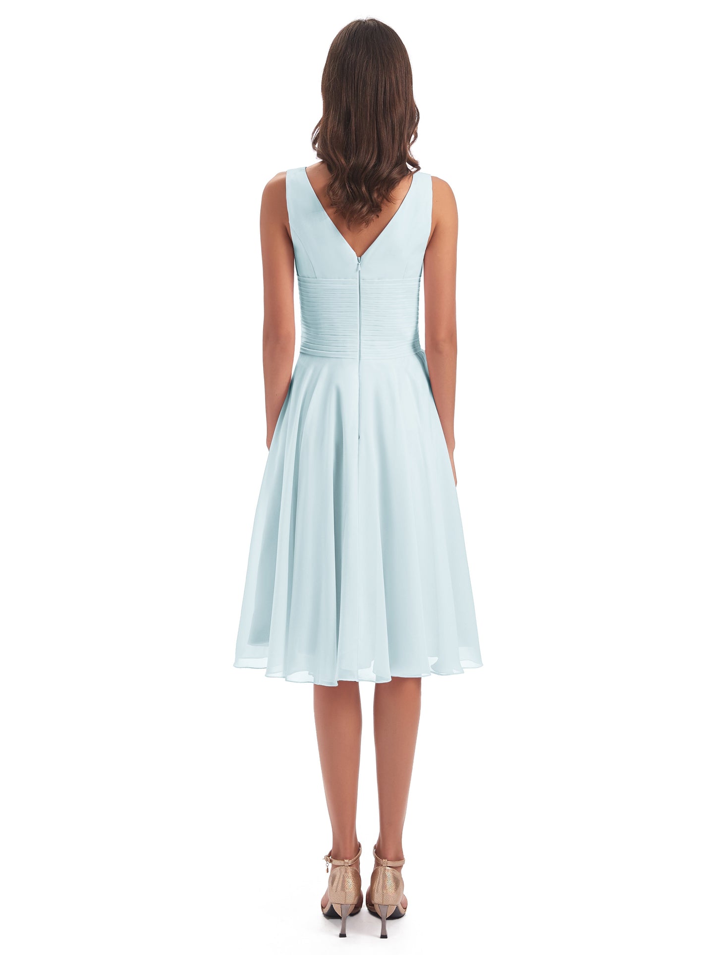 Caylee Knee Length V-neck Asymmetrical Chiffon Bridesmaid Dresses