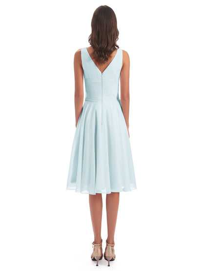 Caylee Knee Length V-neck Asymmetrical Chiffon Bridesmaid Dresses