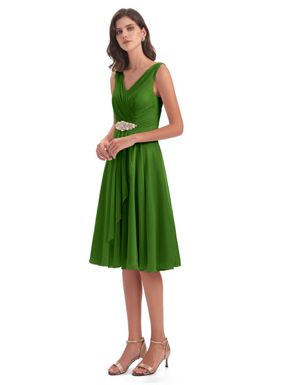 Caylee Knee Length V-neck Asymmetrical Chiffon Bridesmaid Dresses