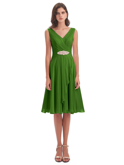 Caylee Knee Length V-neck Asymmetrical Chiffon Bridesmaid Dresses