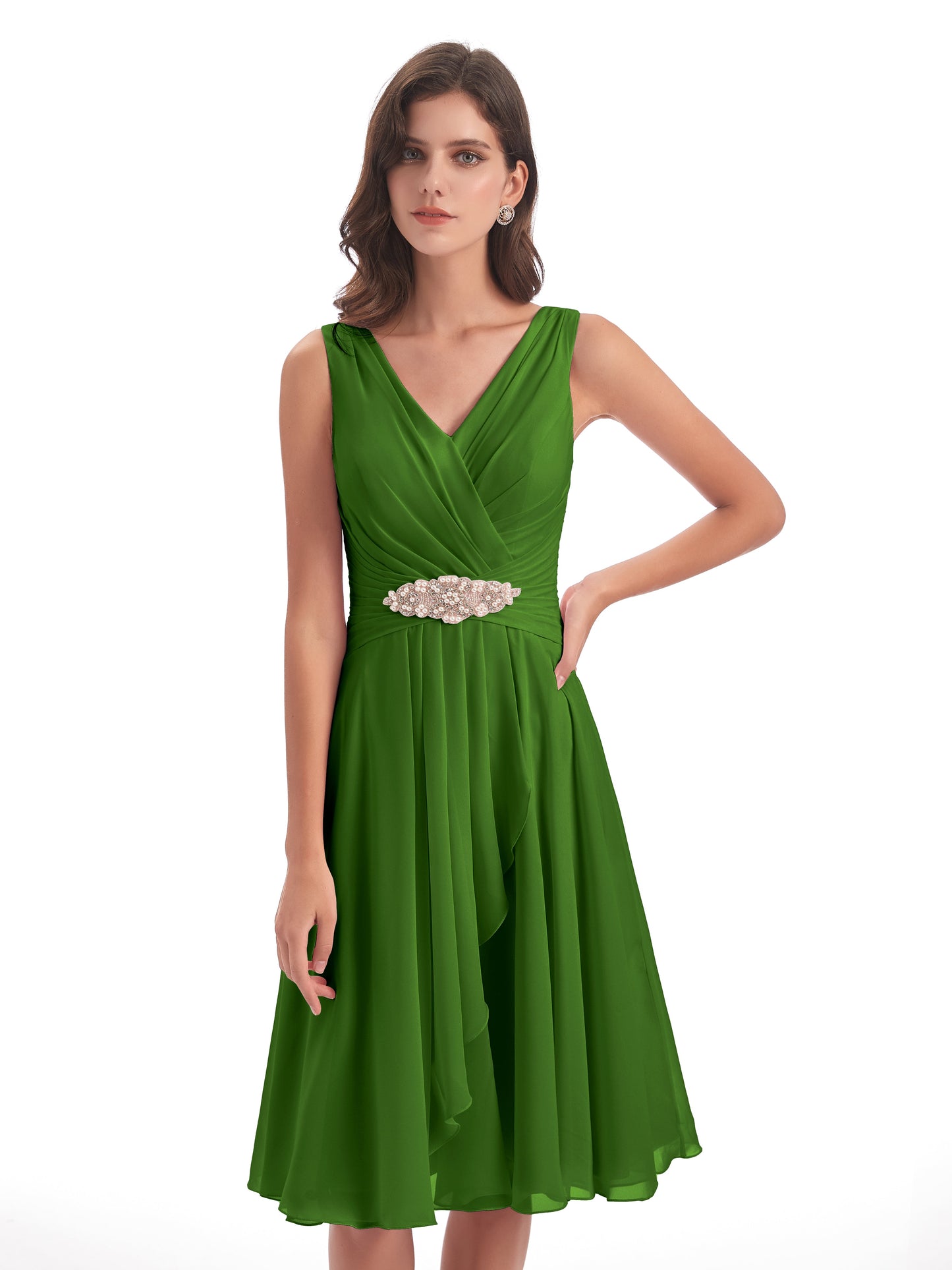 Caylee Knee Length V-neck Asymmetrical Chiffon Bridesmaid Dresses