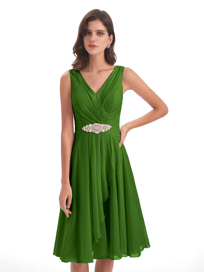Caylee Knee Length V-neck Asymmetrical Chiffon Bridesmaid Dresses