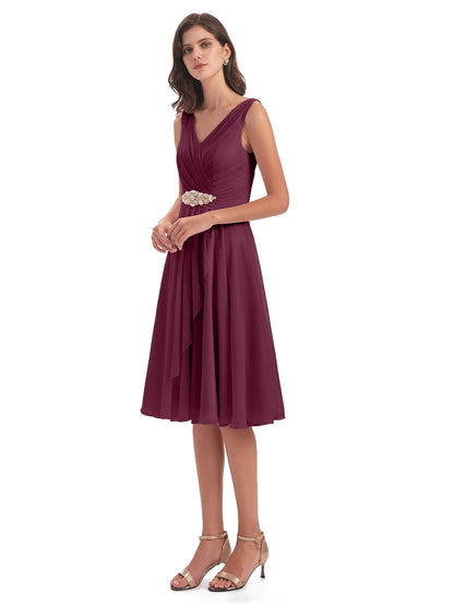 Caylee Knee Length V-neck Asymmetrical Chiffon Bridesmaid Dresses
