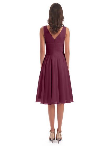 Caylee Knee Length V-neck Asymmetrical Chiffon Bridesmaid Dresses